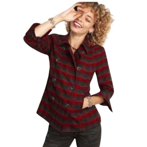 Cabi Womens Red & Black Plaid Double-Breasted Peacoat Snow Valley Jacket XS - Picture 1 of 13